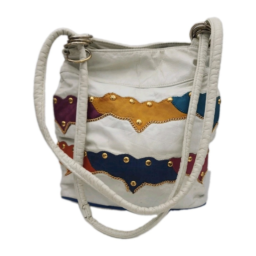 Vintage 80s Samir Leather Patchwork Bucket Bag W/Studs & Chains